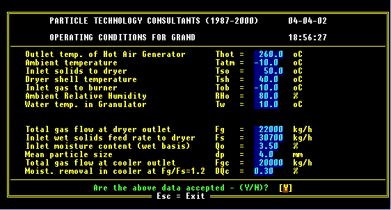 Screenshot of the second screen of Data Entry option.  The Operating Conditions like various temperatures, gas flows etc. are entered here.